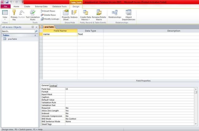 table and click on design view